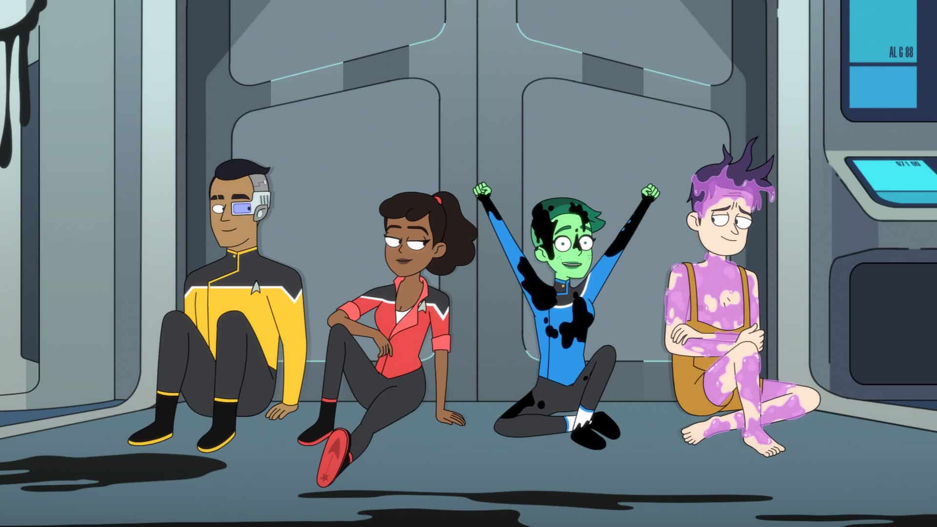 Die Protagonisten von Lower Decks: Rutherford, Mariner, Tendi und Boimler (von links).