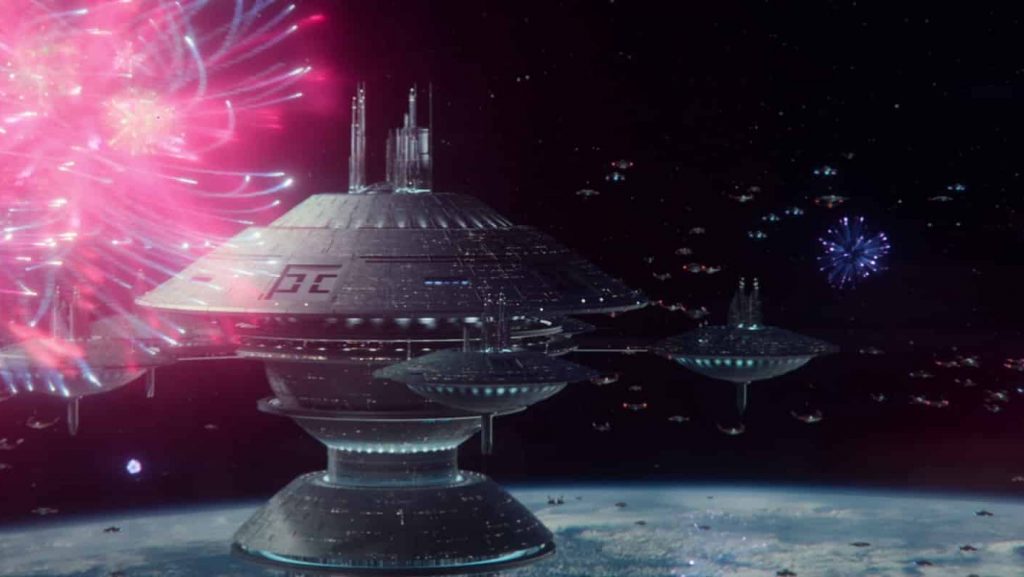 Raumstation, viele Raumschiffe und Feuerwerk im Orbit der Erde