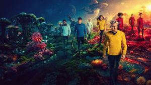 Ein stilisiertes Bild der SNW-Crew auf einem geheimnisvollen Planeten