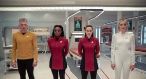 Pike, Uhura, La'an und Chapel als Vulkanier in der Krankenstation
