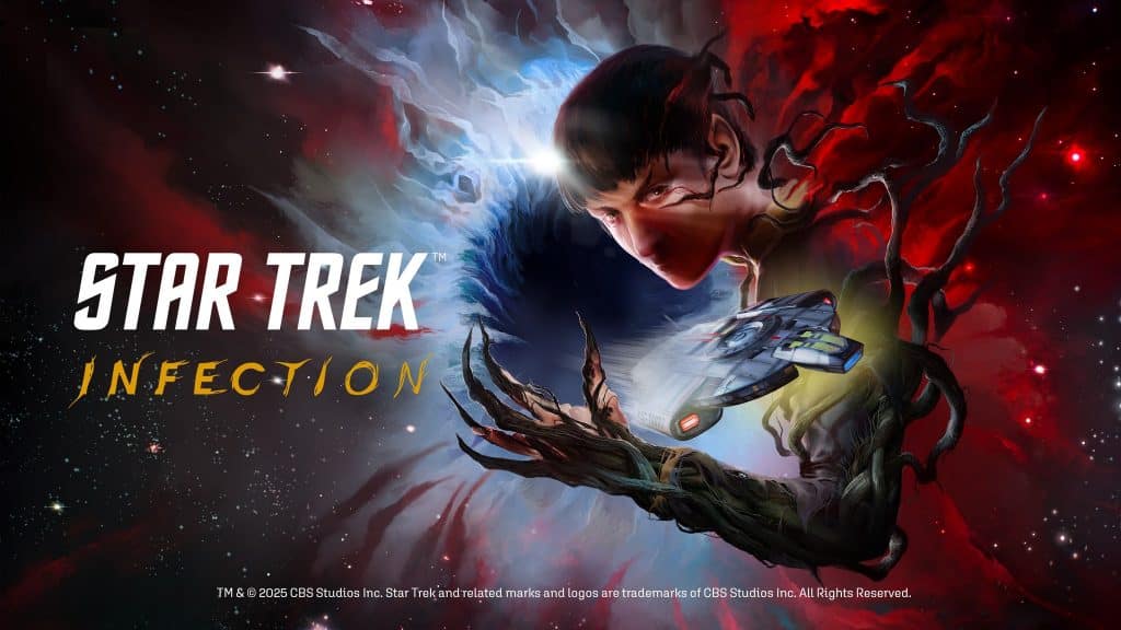 Key Art zu Star Trek Infection, u. a. mit Bild der UUS Lumen (Defiant-Klasse) und dem vulkanischen Protagonisten