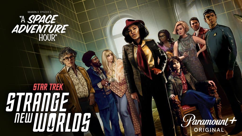 Poster Weltraumabenteuerstunde - Trek Echo Poster mit gezeichneten Figuren aus dem Holodeckprogramm in der Episode Weltraumabenteuerstunde