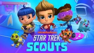 Banner mit den Figuren aus Star Trek Scouts: JR, Sprocket und Roo. Plus ihre Haustiere