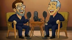 Karikaturen von Jonathan Frakes und Brent Spiner als Podcast-Hosts