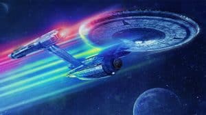 Futuristic starship speeds through neon warp trails in space near a blue planet.
