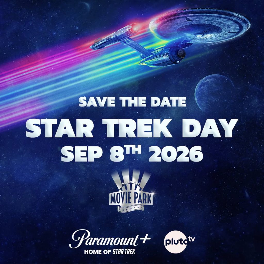 Poster announcing Star Trek Day on Sep 8, 2026 with a starship and rainbow light trail; features Paramount+ and Pluto TV logos.