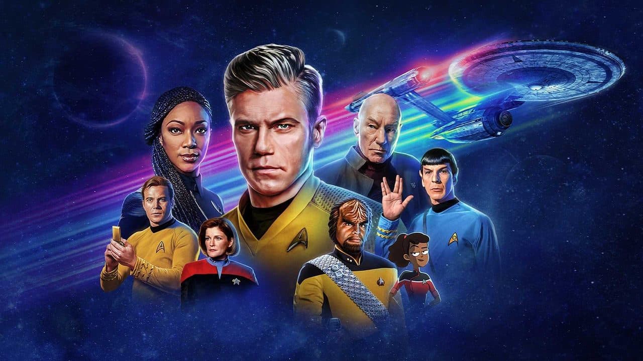 Bild mit berühmten Star Trek Charakteren und der Enterprise vor Sternenhintergrund